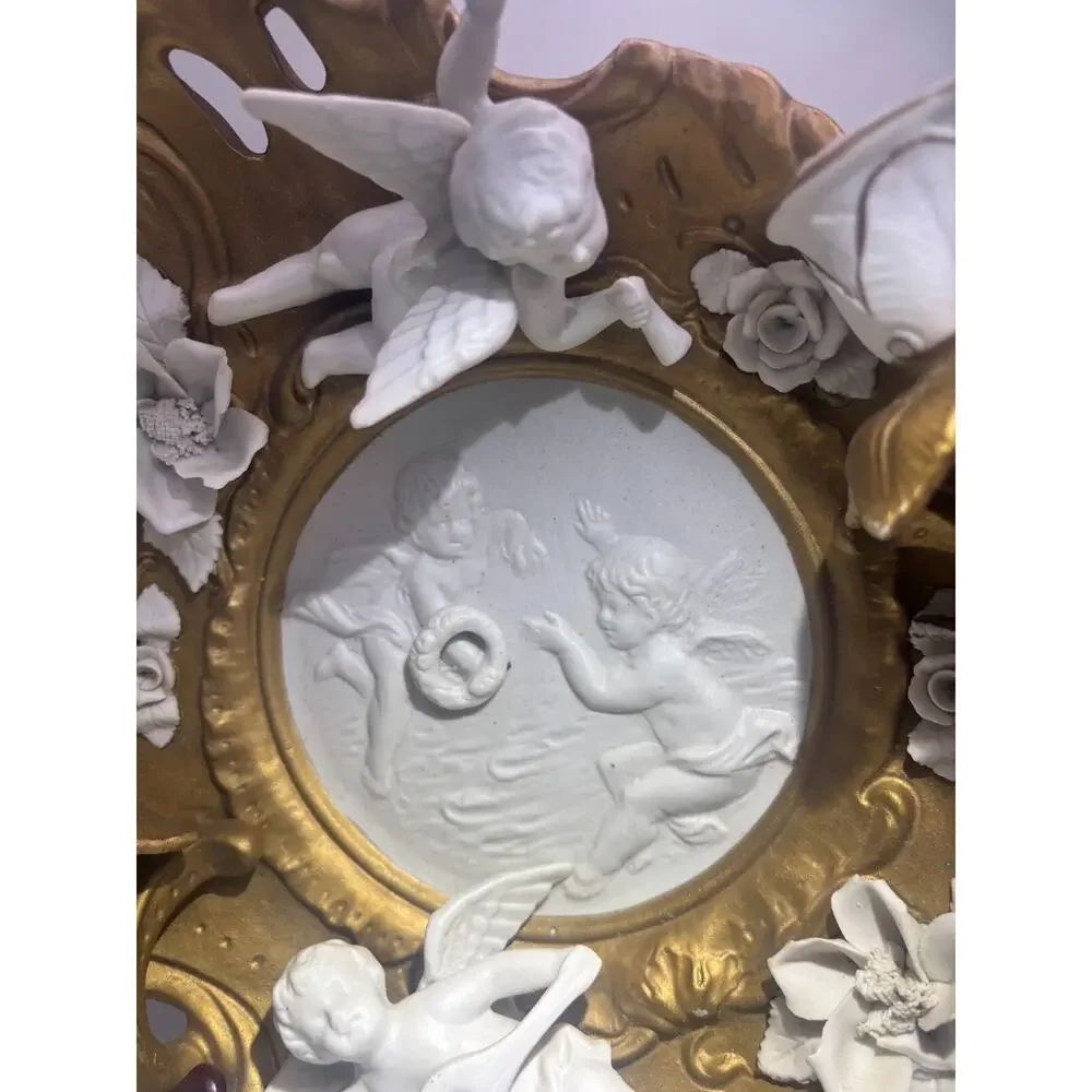 Vintage Art Nouveau Candle Holder Sconce Porcelain Cherubs Angels Gold/ White